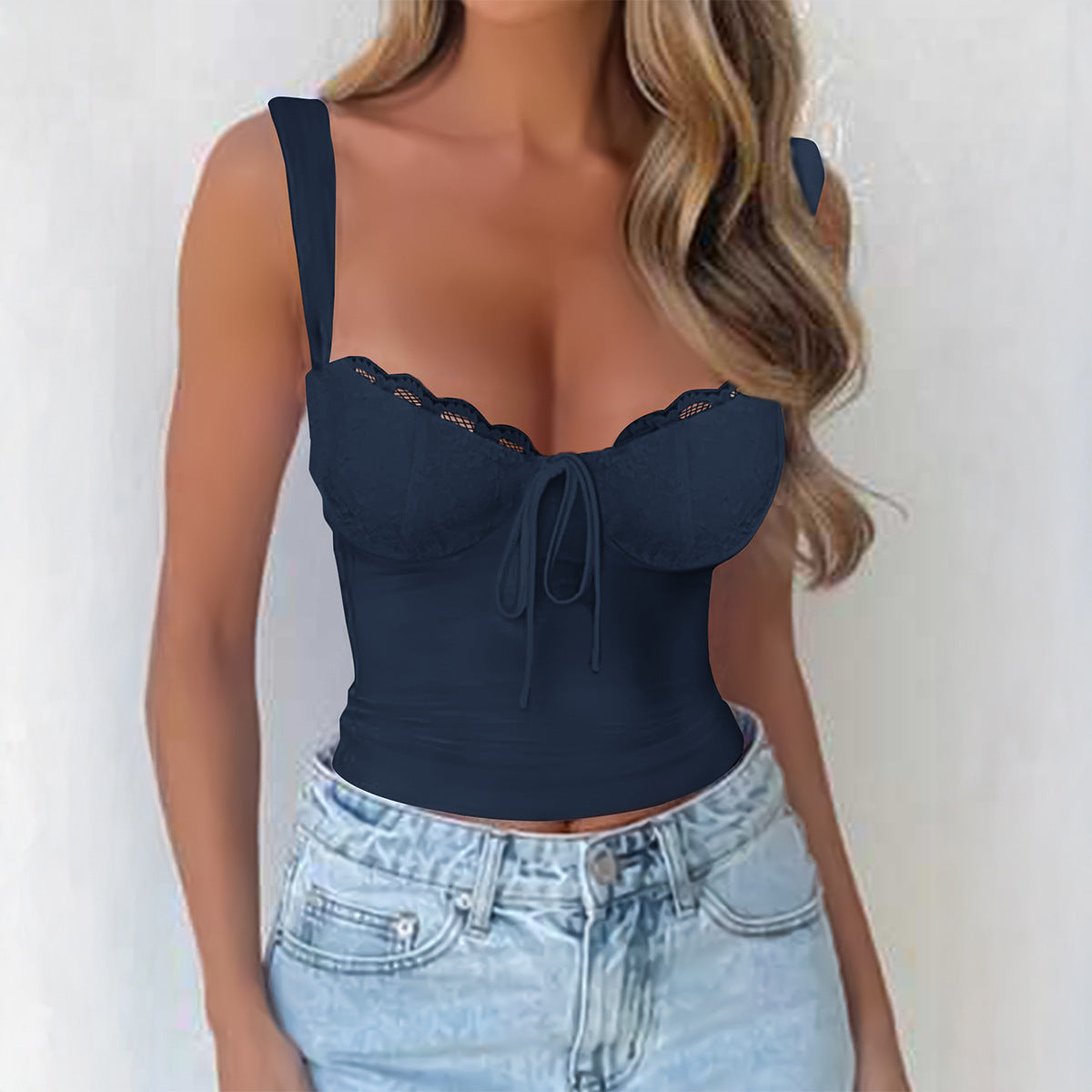 Women Clothing Summer Sexy Lace Top with Narrow Straps Top