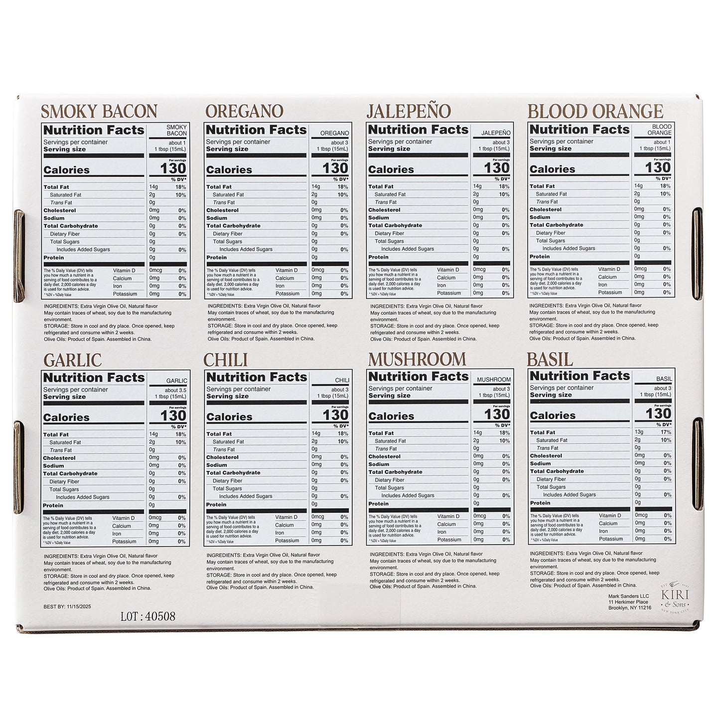 Olive Oil Gourmet Sampler Gift Set of 8 - Premium Extra-Virgin Olive Oil Made In Spain, Natural Flavors Include Mushroom, Chili, Garlic, Oregano, Blood Orange, Smoky Bacon, Jalapeno, Basil