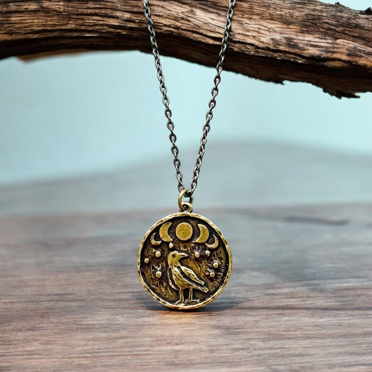 Crow coin necklace, Moon Phase Lunar Cycle Charm Pendant