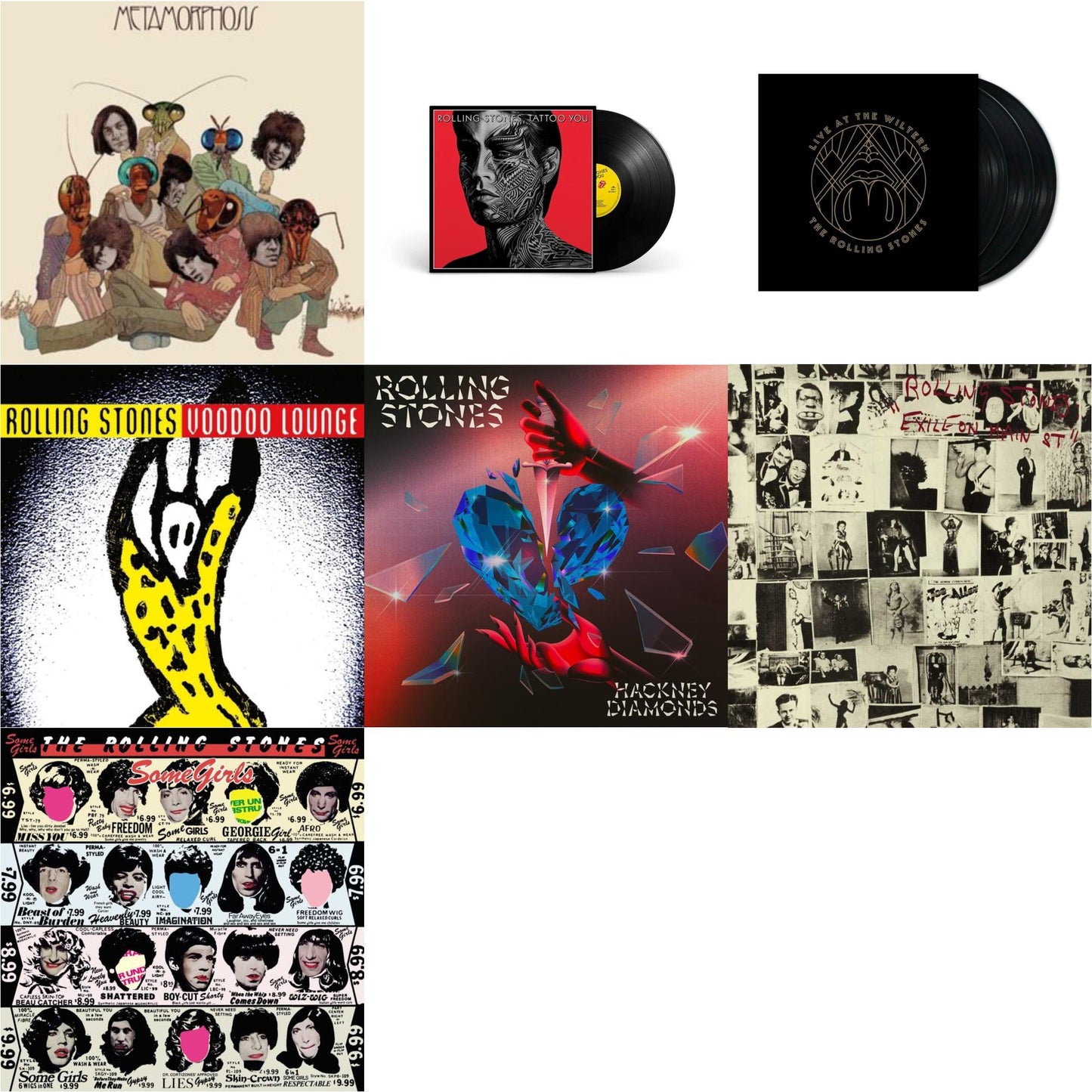 Metamorphosis & Tattoo You (2021 Remaster) & Live At The Wiltern (3LP) & Voodoo Lounge (30Th Anniversary) (Red/Yellow Vinyl/2LP) & Hackney Diamonds (1 Year Anniversary/Clear/Blue Splatter Vinyl/2LP) & Exile On Main Street (2LP) & Some Girls