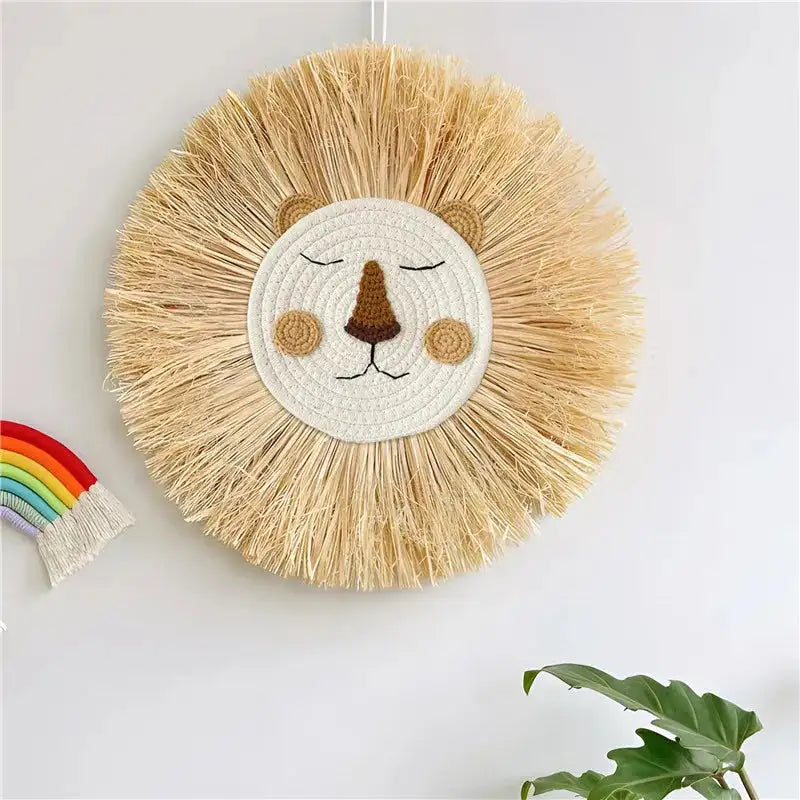 Nordic Hand Woven Lion Wall Hanging Ornaments Cartoon Animal Head Straw Weaving Children Room Wall Decor Tent Party Decoration