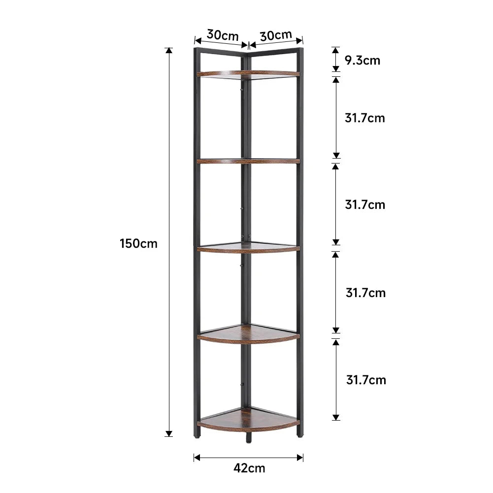 Brown 5 Tier Corner Book Shelf Home Storage Display For Bedroom Office 30cm W x 30cm D x 150cm H