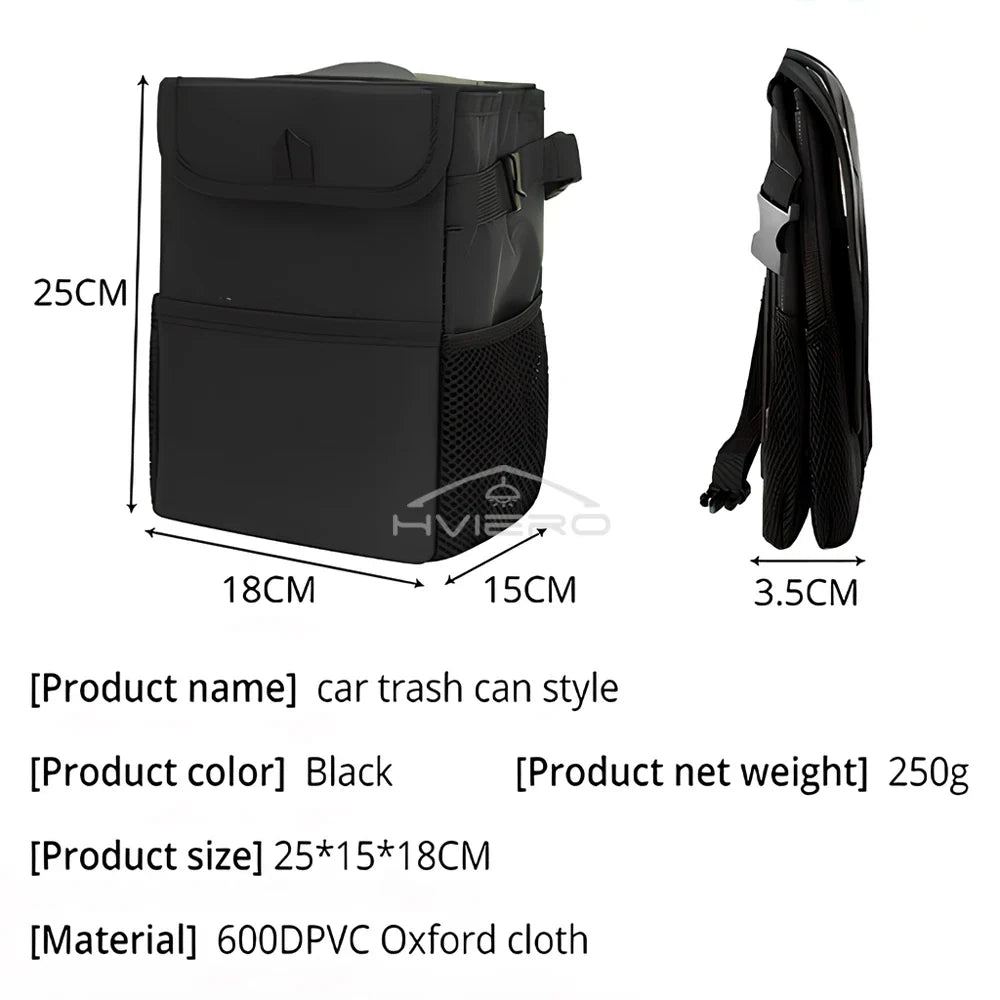 Trash Can with Lid and Storage Pockets 100% Leak Proof Organizer Waterproof Garbage Multipurpose Bin Black Load Dustbin for Car
