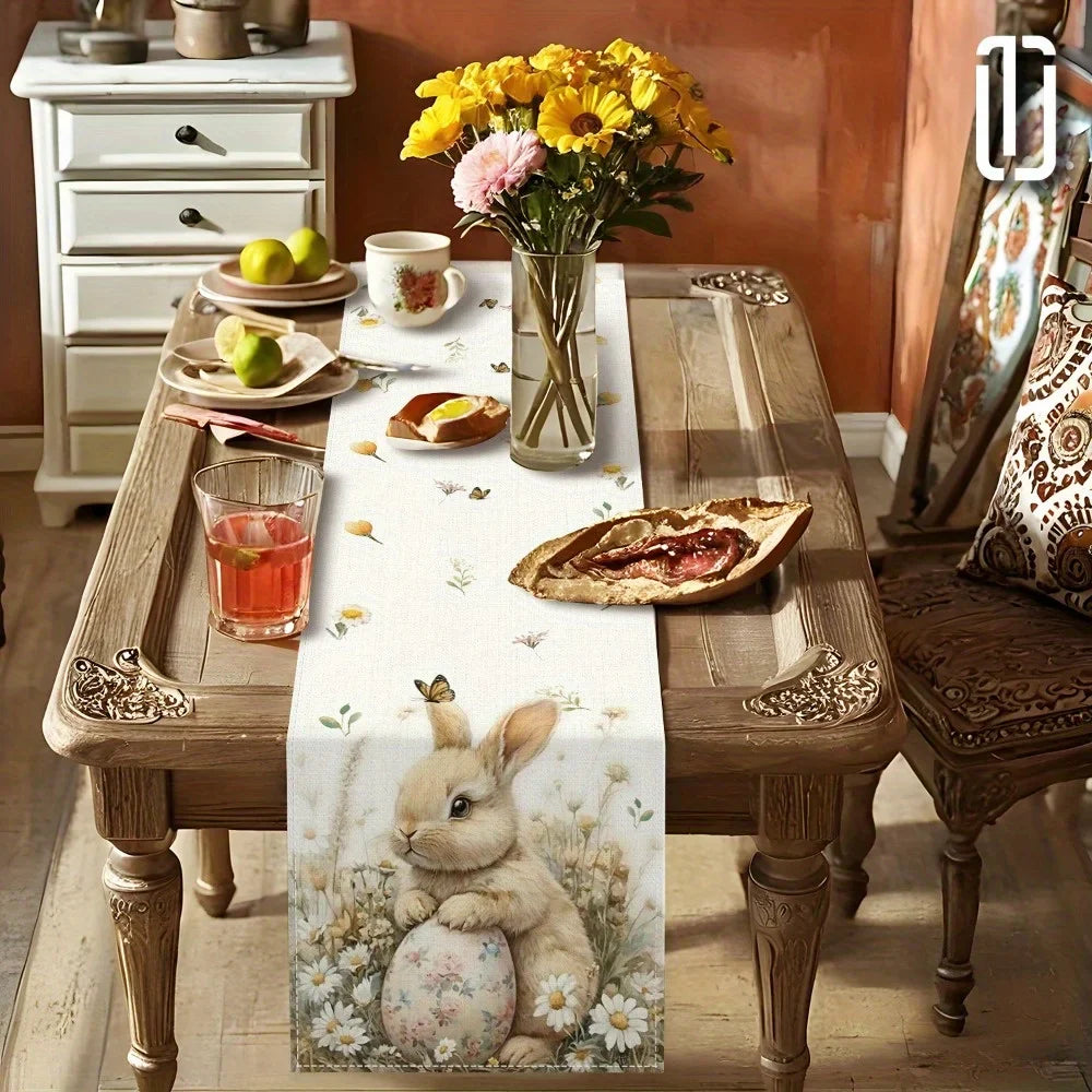 1pc Easter Bunny and Floral Egg Table Runner for Spring Holiday Home Decor, Easter Celebration Tablecloth Gift Idea