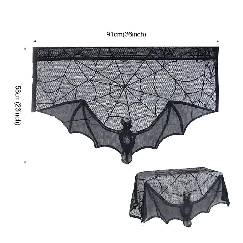 Halloween Decoration Bats Tablecloth Black Lace Spider Web Curtains for Lampshade Fireplace Halloween Party Decor Horror Props