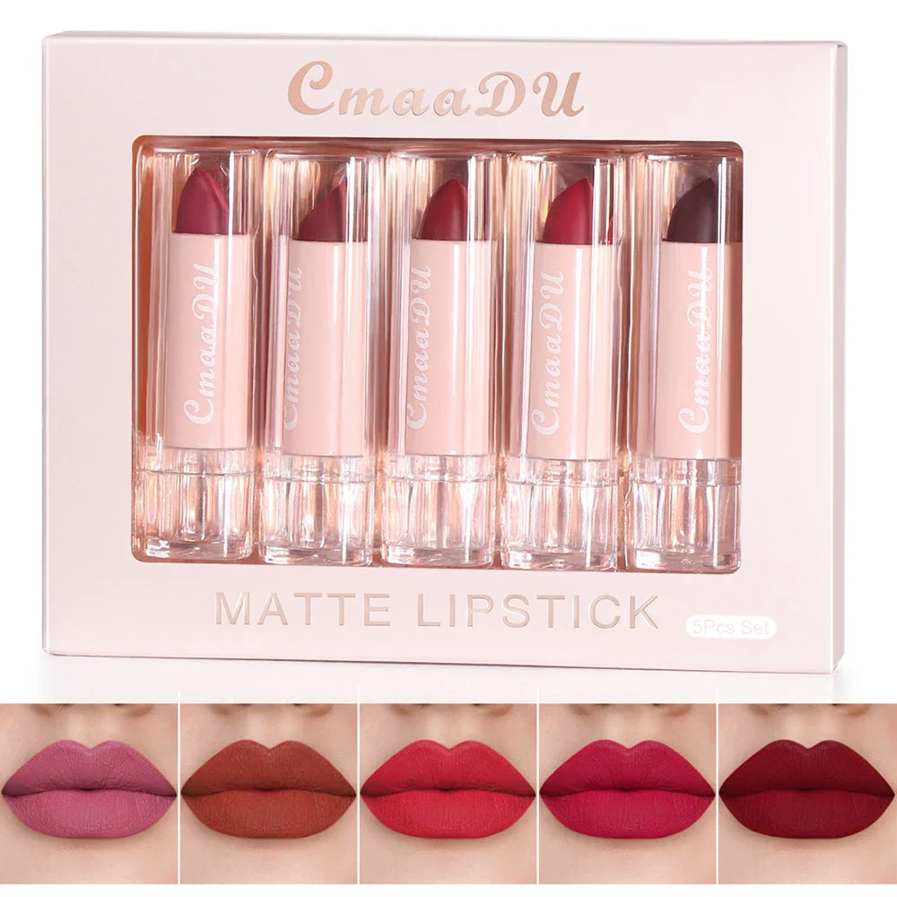 5 Pcs Matte Lipstick Sets Lip Gloss Moisturizing Long-lasting Easy Makeup Fashion Classic Shades For Daily Date Exquisite Gift