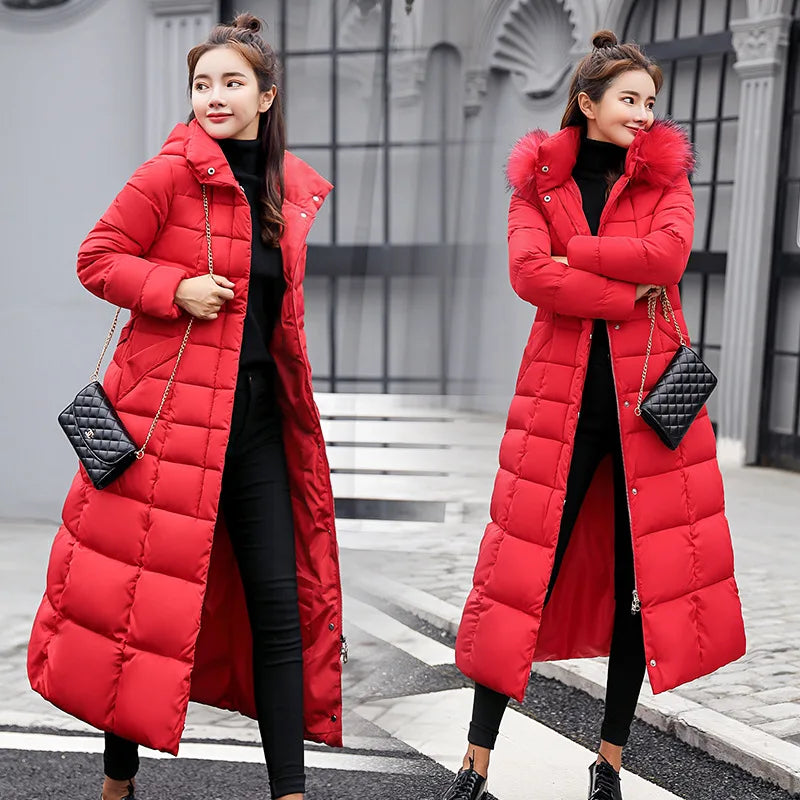 UHYTGF 2024 Winter Women's Long Parka – Bow Belt Fox Fur Collar Oversized Vintage Thick Coat - Premium coat from Lizard Vigilante - Just $133.99! Shop now at Lizard Vigilante