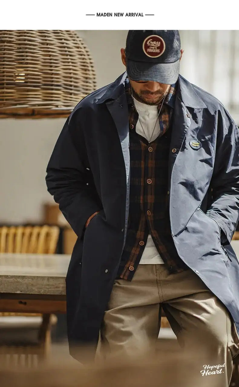 Maden Men's Vintage Balmacaan Waterproof Windbreaker Coat Single-Breasted Mid-Length Classic Collar Jacket for Spring and Autumn