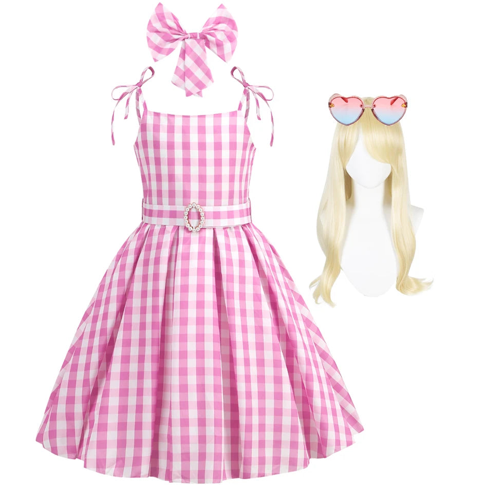 Barbie Movie Costume Girls Princess Cosplay Clothes Children Pink Plaid Dress Halloween Carnival Kids Party Wear 2-10 Years - Premium Cosplay Costumes from Lizard Vigilante - Just $22.99! Shop now at Lizard Vigilante