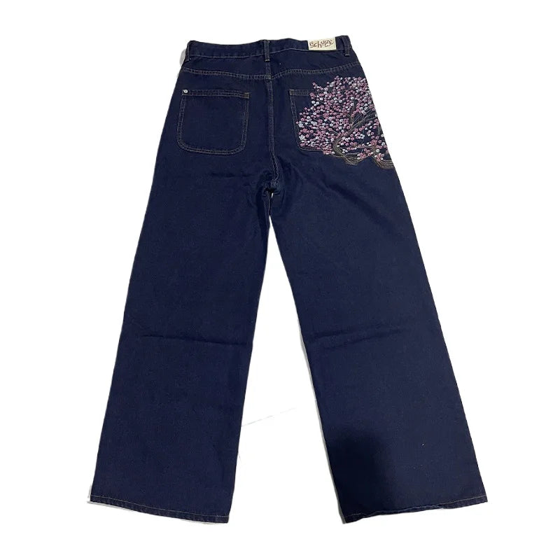 Cherry Blossom Selvedge Wide-Leg Jeans – Y2K Baggy Embroidered Denim Streetwear for Men & Women
