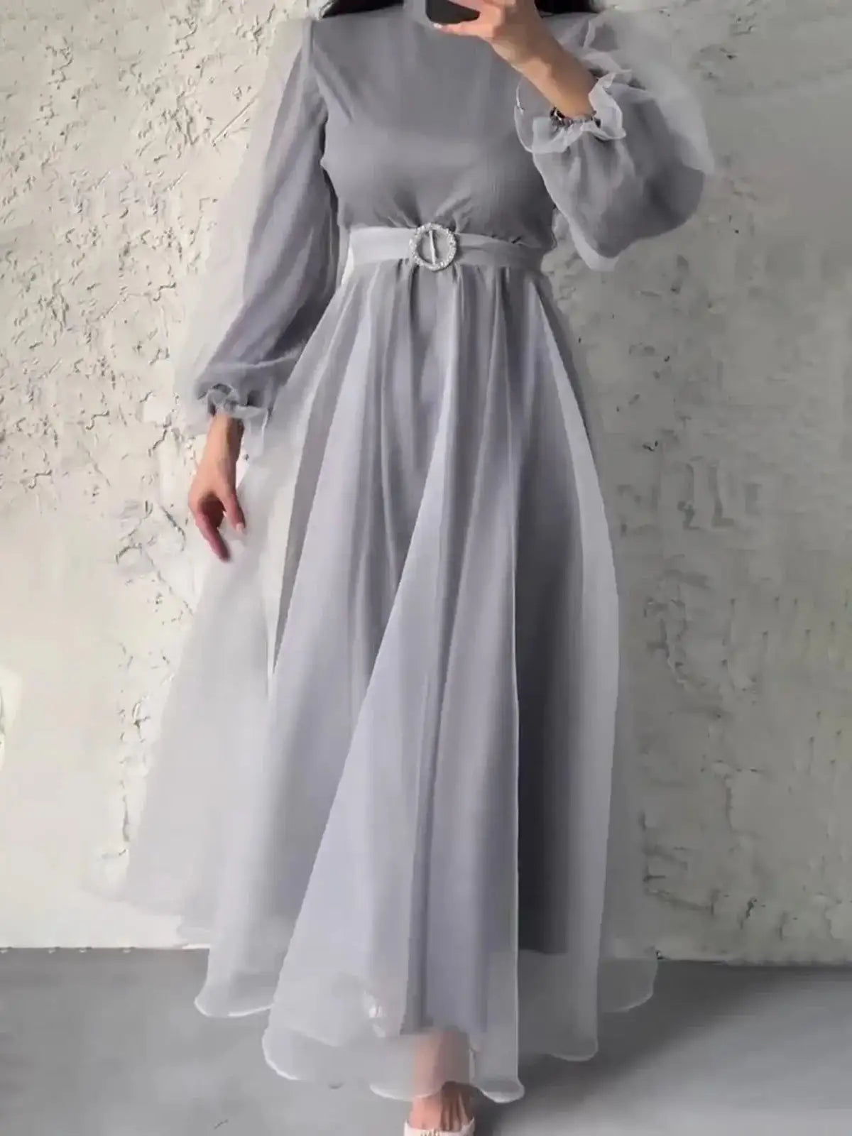 Spring Elegant Mesh Dress Muslim Women Fashion Solid High Waist Mesh Lantern Sleeves Long Dress Women