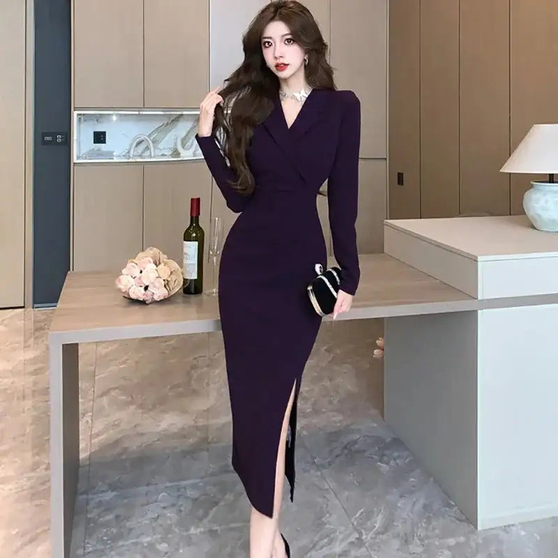Women Pink Pleated Bodycon Formal Long Dress Autumn Winter Long Sleeve Chic Suit Dress 2025 Korean Fashion Elegant Party Dresses
