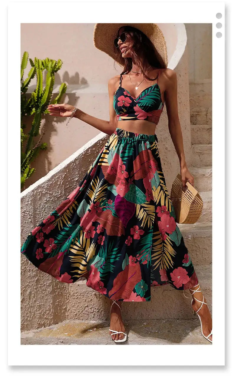 Y2K Bikini Crop Tops Long Dress Sexy Set for Women Summer Fashion Two Pieces Skirt Beach Style Floral Print Midi Sexy Boho Sets
