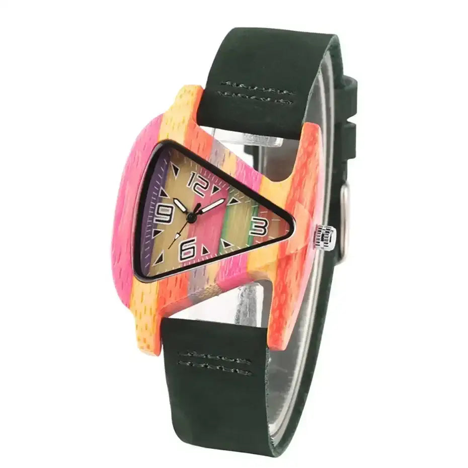 Unique Triangle Women's Wood Watch Creative Colorful Lady Green/ Red Genuine Leather Wristwatch Elegant Womens Watches Top Gifts