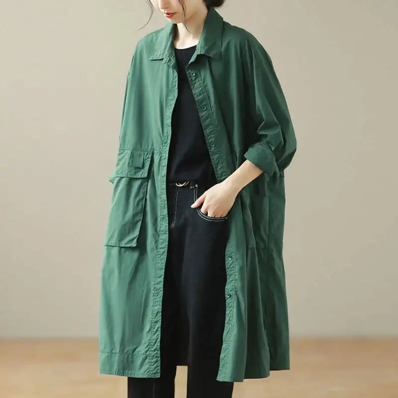9290 Spring Fall Trench Coat Women Mid Length Windbreaker Single-breasted Double Pockets Casual Loose Overcoat Female Outerwear