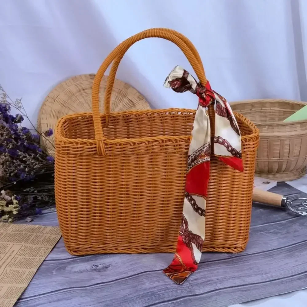 Home Storage Organizer Rattan Woven Basket With Handle Portable Picnic Basket Handwoven Rectangular Flower Basket Fruit