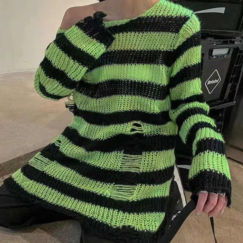 The Hollowed-Out Freddy Striped Sweater – Punk Gothic Streetwear for Horror Fans - Premium sweater from dsers - Just $23.99! Shop now at Lizard Vigilante