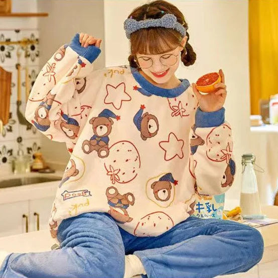 Thickened Warm Sleepwear for Winter Plus Size Padded Flannel Long Sleeve Student Pajamas Loungewear Two Piece Nightwear Homewear