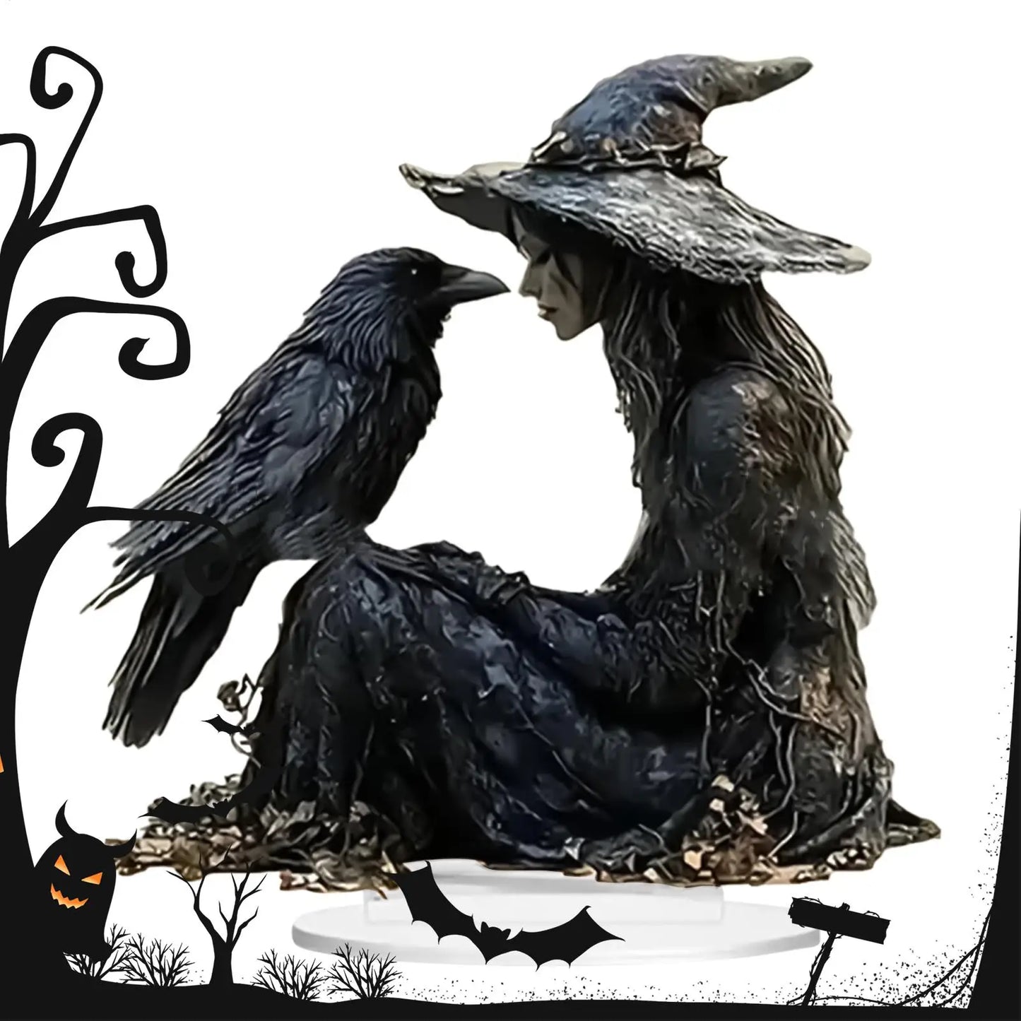 Halloween Desk Decor 2D Acrylic Indoor Tabletop Sign Gothic Witch Crow Ornament for Halloween Dorm Nightstand Studio Shelf