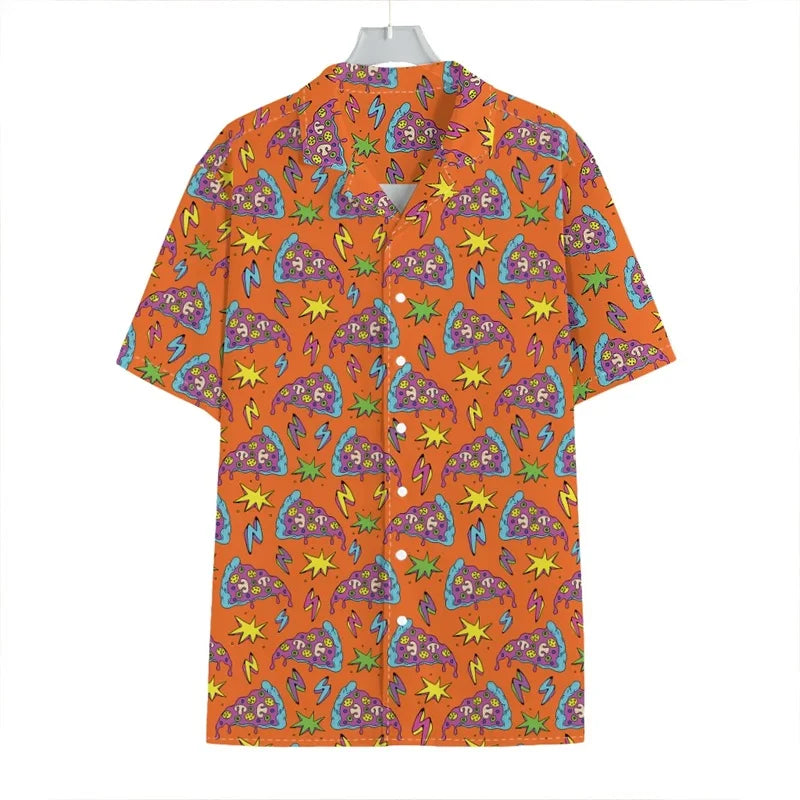 3D Print Pepperoni Pizza Graphic Aloha Shirts For Men Short Sleeve Oversized Beach Hawaii Shirts Mens Button Up Tee Shirt Tops