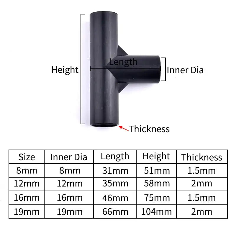 I.D 8/12/16/19mm Black Plastic Pipe Connector DIY Shelf Water Tube Joint Tent Fixed Connector Tee Four Way Elbow Straight Joint