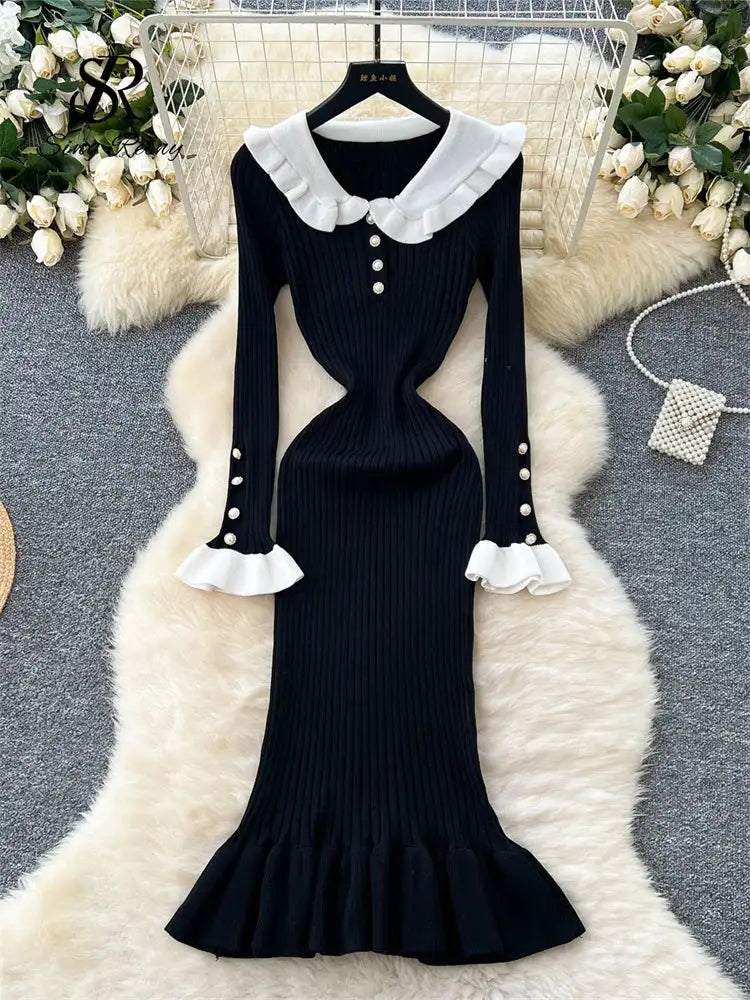 SINGREINY 2024 Hotsweet Slim Autumn Dress Women Peter pan Collar Long Sleeves Patchwork Preppy Style Mermaid Sweater Long Dress