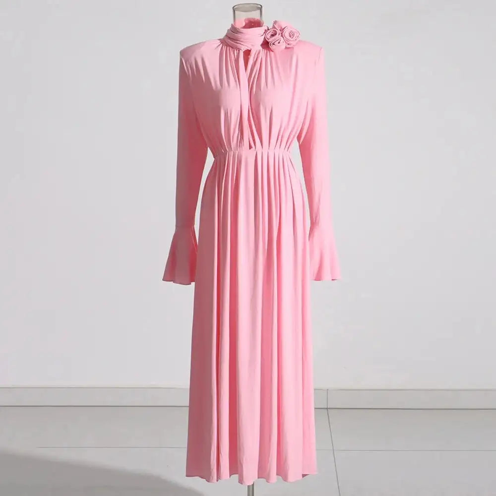 Solid Patchwork Appliques Dresses For Women Half High Collar Flare Sleeve High Waist Elegant Long Dress Female Fashion New