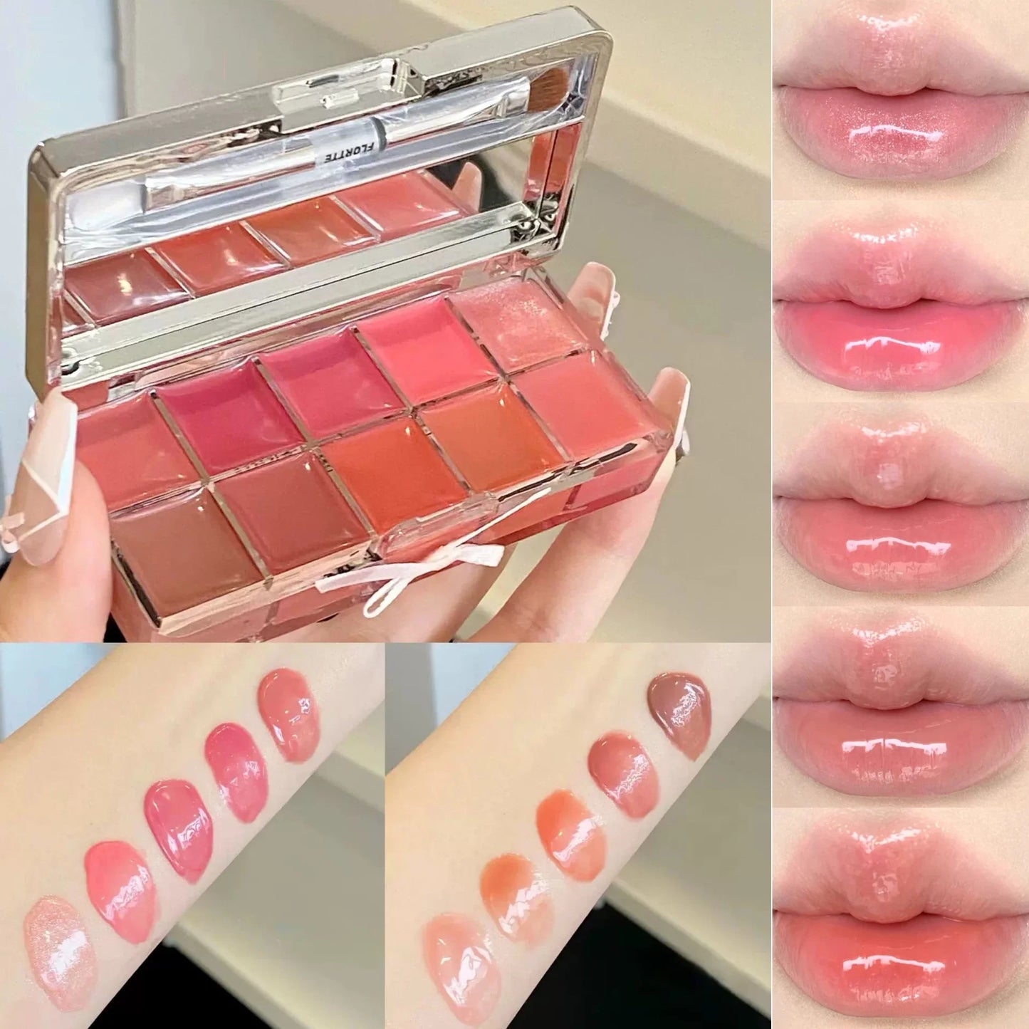 FLORTTE 10-Color Lip Palette Lip Gloss and Lipstick Glossy Moisturizing Pigmented Multifunctional Easy to Apply