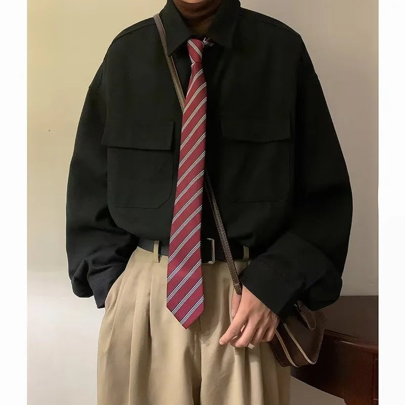 Autumn Green Black Shirt Men Fashion Social Mens Dress Shirt Korean Loose Long Sleeve Shirts Mens Pocket Tooling Shirt M-3XL