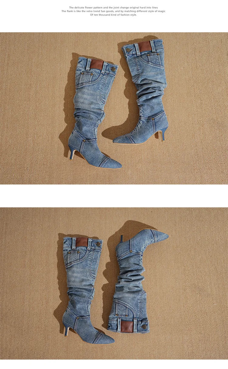 Backstage Bite Knee-High Denim Boots – Sharp-Pointed Retro Killers for Rock Queens - Premium boots from dsers - Just $93.99! Shop now at Lizard Vigilante