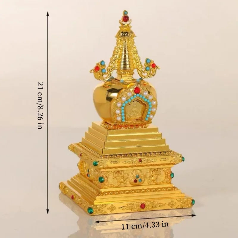 Buddha Statue Pagoda,Engraving Inlaid Gem Tibetan Alloy Double-Layer Tower,Altars Stupa,Buddhist Item Religious Decorative