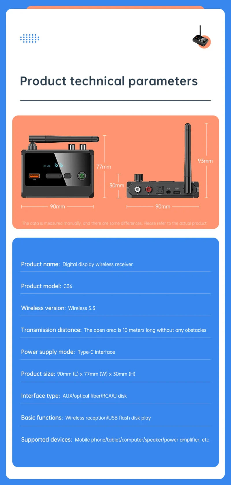Bluetooth 5.3 Audio Receiver Support USB U-Disk Play Wireless Adapter R/L 2 RCA/3.5MM AUX/Optical Fiber Jack For Car Kit Speaker