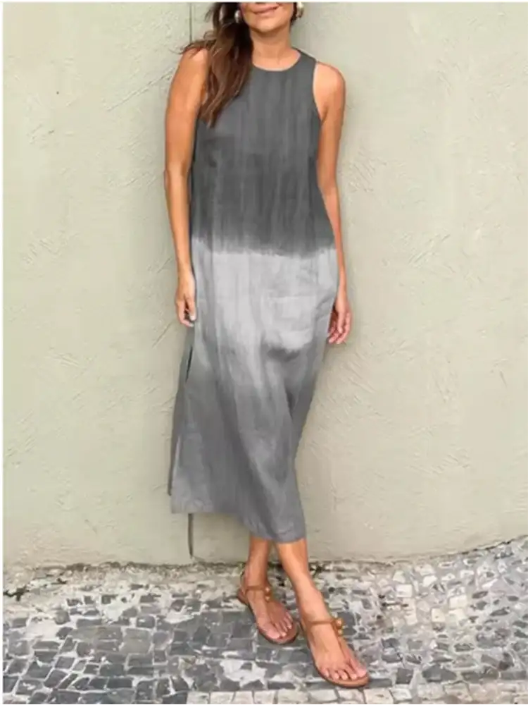 Fashion Vest Long Dress Women Summer Sleeveless o Neck Dress Summer Gradient Casual Dresses