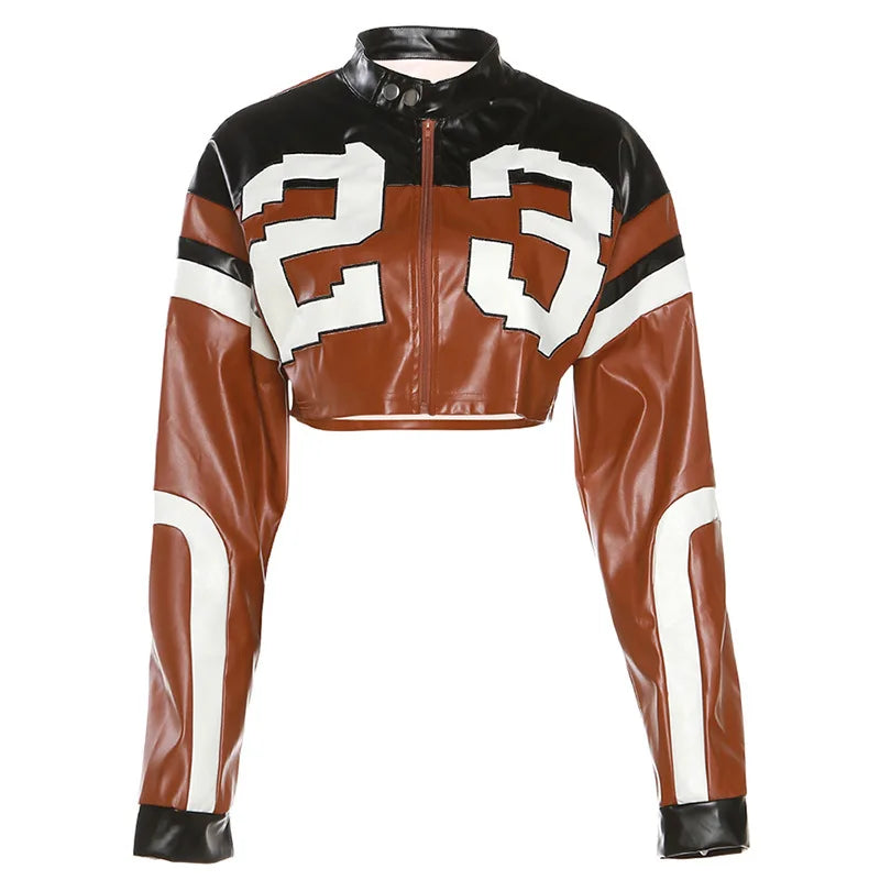 Crop Top Women's Leather Jacket Moto Biker Style Number Print Women's Jacket Fashion Outerwears Women's Moto Biker Zipper Jacket - Premium from Lizard Vigilante - Just $58.99! Shop now at Lizard Vigilante
