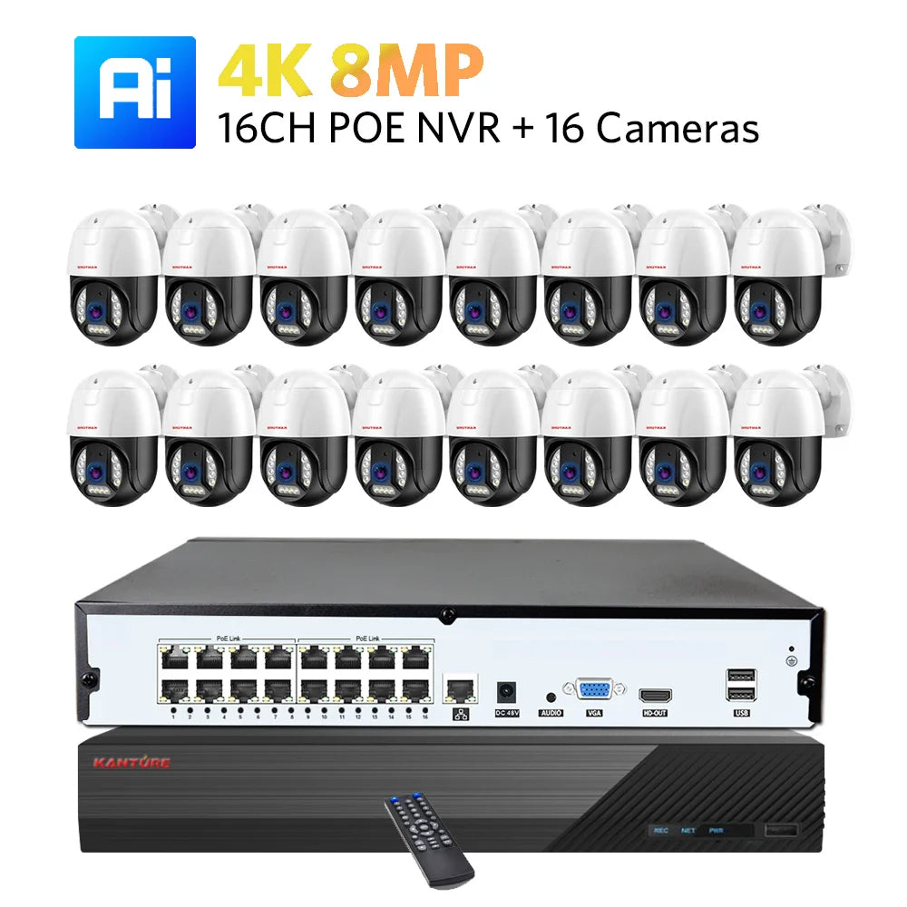XMEYE 16CH POE NVR Kit 4K PTZ Security Camera System 8MP Ai Face Detect Two Way Audio Waterproof Colorfull Night Vision Camera