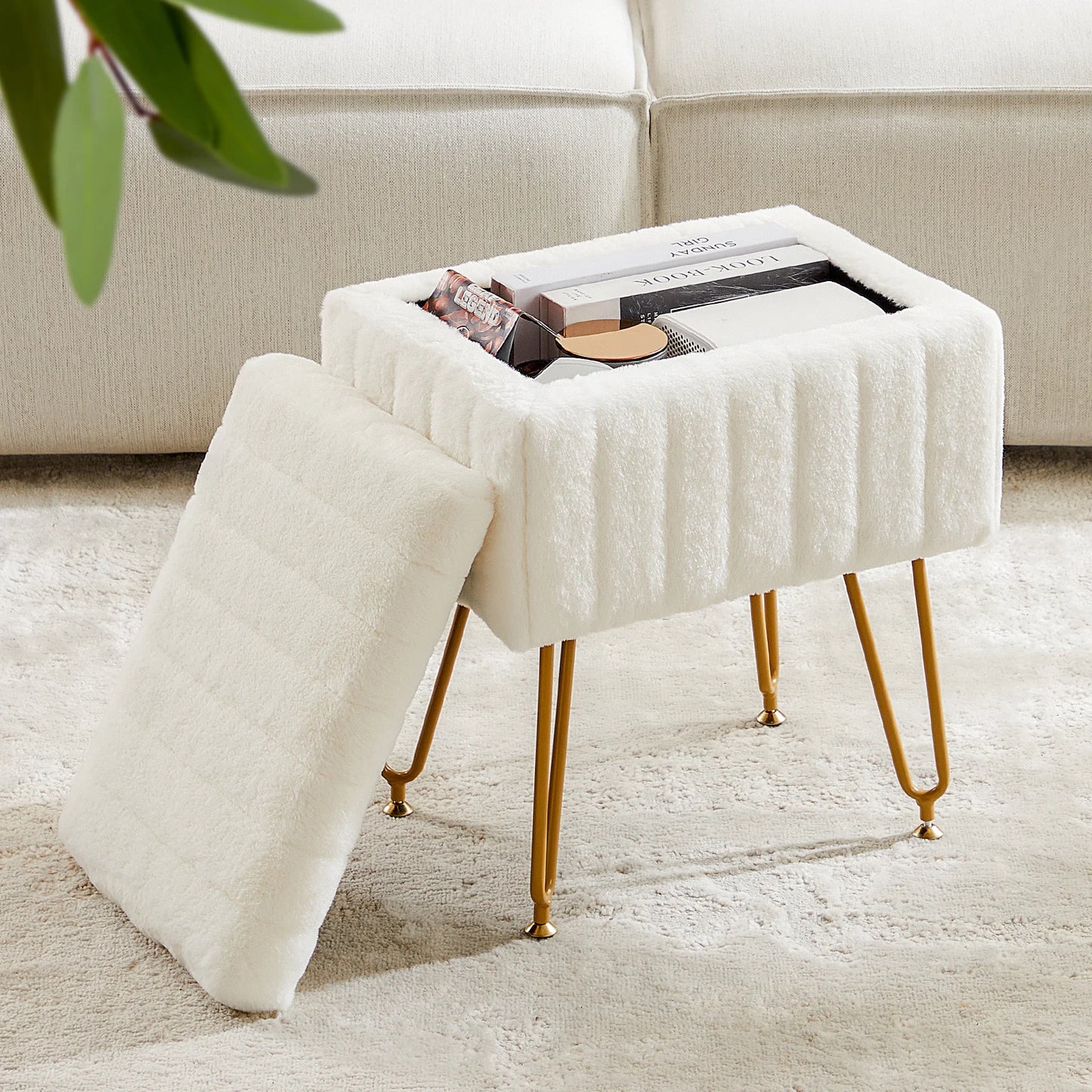 JHK Faux Fur Living Room Hidden Storage Stools & Ottomans Padded Makeup with 4 Metal Legs Anti-Slip Adjustable Feet for Home - Premium from Lizard Vigilante - Just $85.99! Shop now at Lizard Vigilante
