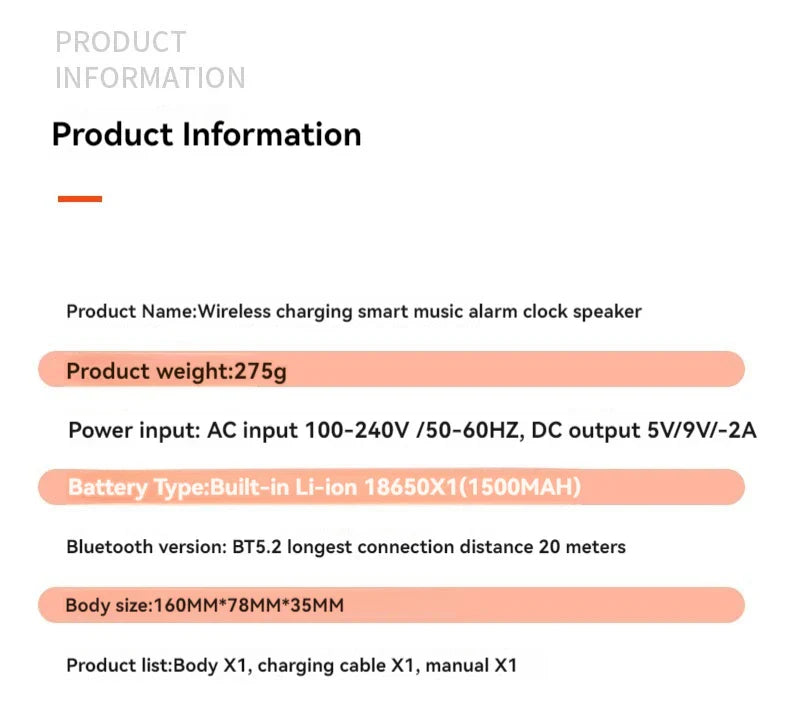 Portable Bluetooth Speaker with Wireless Charging Atmosphere Light Clock Alarm Function Double Speaker USB Charging