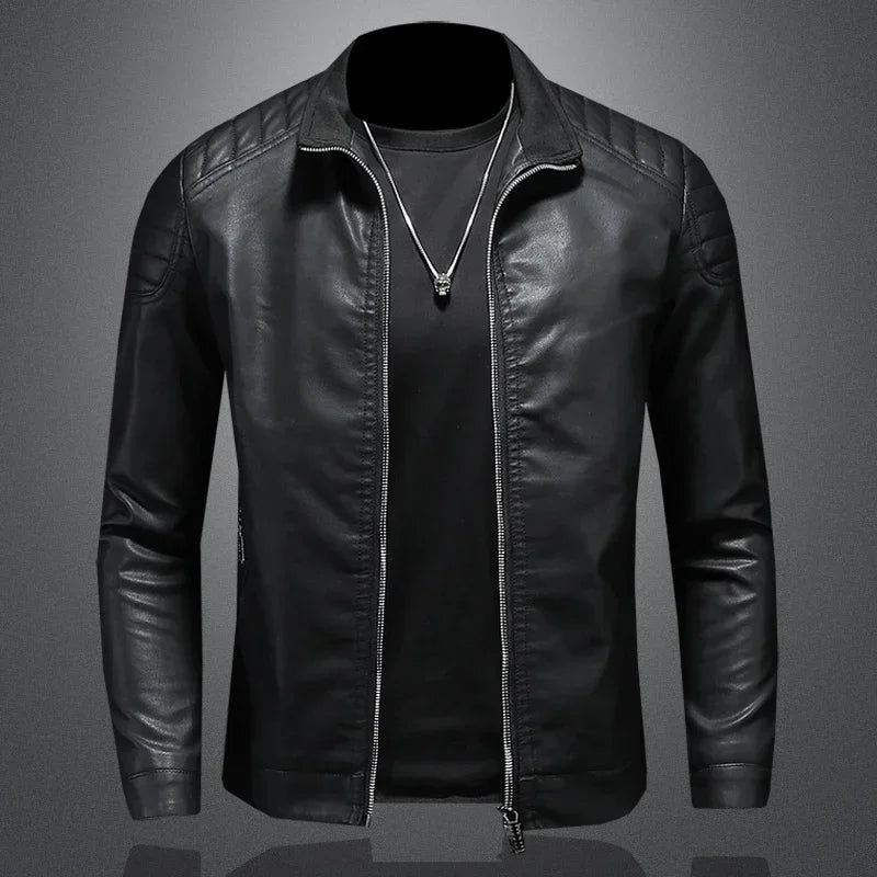 Men's stand-up collar biker leather jacket High quality casual fashion leather jacket Trench leather faux biker leather jacket - Premium from Lizard Vigilante - Just $91.99! Shop now at Lizard Vigilante