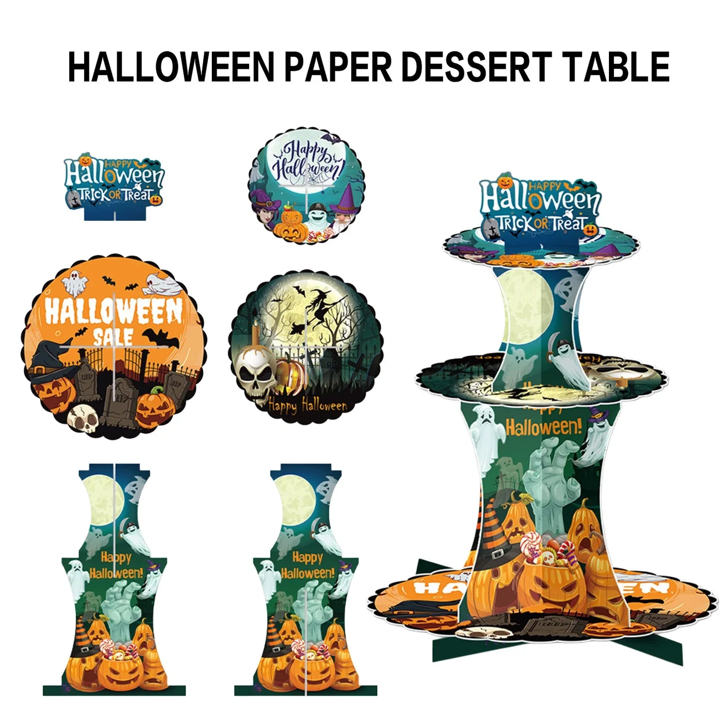 3-Tier Halloween Paper Dessert Stand - DIY Spooky Party Candy Display with Ghost/Pumpkin/Bat Printed Buffet Table Decor