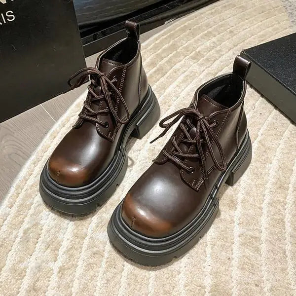 Women’s Lace-Up Ankle Boots – Med Hoof Heel Lolita Rock Round Toe PU Leather Winter Footwear | Solid Rubber Sole, Handmade Classic Street Style - Premium boot from dsers - Just $96.66! Shop now at Lizard Vigilante