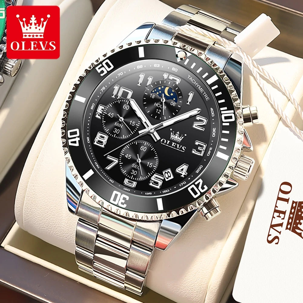 OLEVS 2926 Men's Luxury Stainless Steel Quartz Watch – Chronograph, Moon Phase, Luminous Waterproof Fashion Timepiece - Premium watch from Lizard Vigilante - Just $58.88! Shop now at Lizard Vigilante