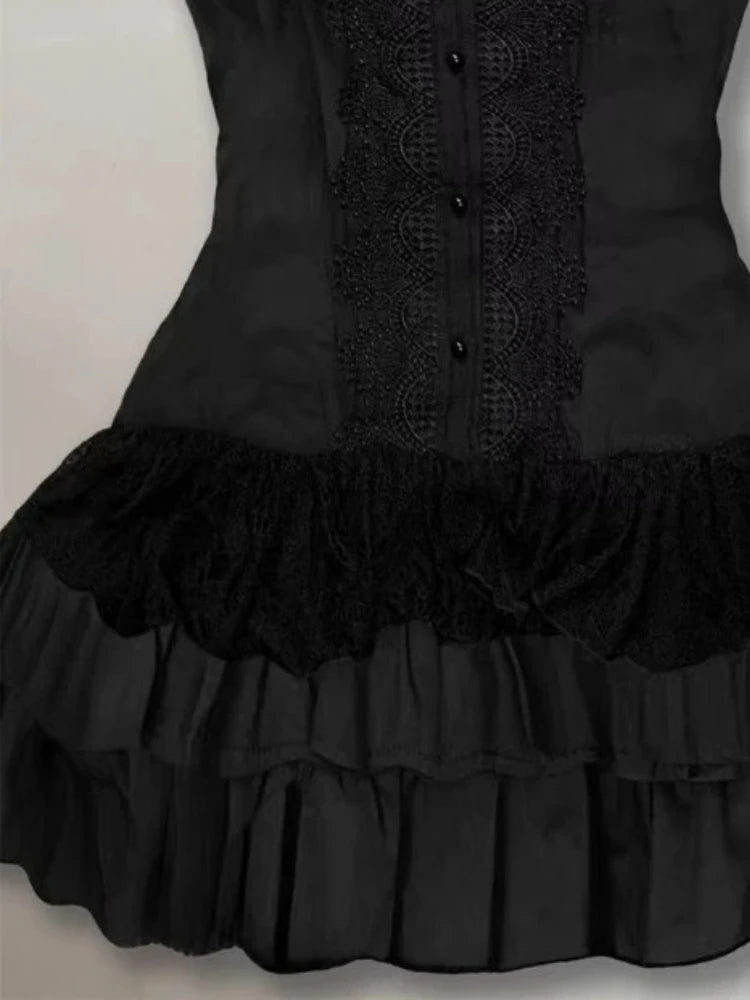 Retro Venom – Y2K Lace Strap Gothic Mini Dress for Hot-Blooded Rebels