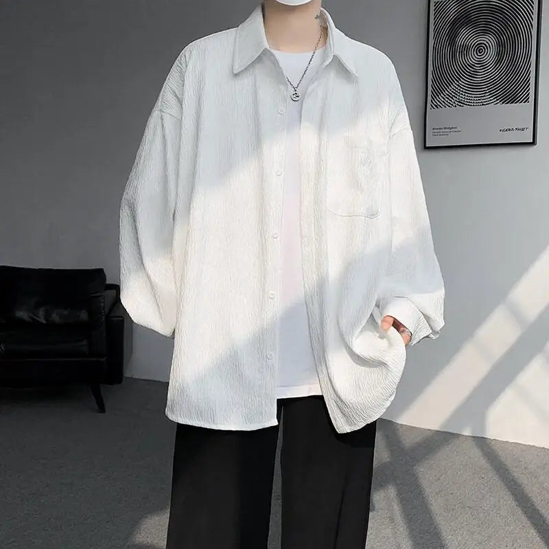 Solid Color Turn-Down Collar Long Sleeve Loose Fit Shirt with Pockets - Stylish & Functional Casual Top for Men & Women M-XXXXXL