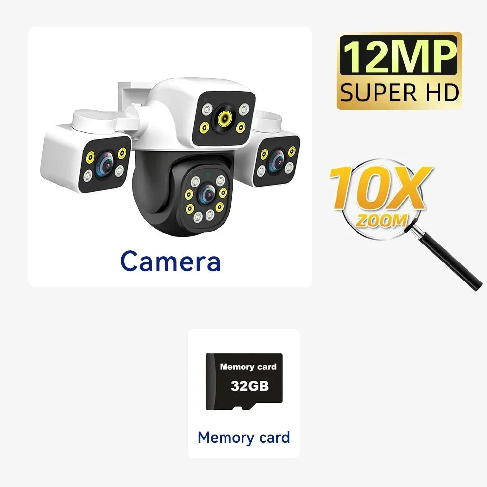 6K 12MP Outdoor WiFi Camera Three Screen Three Lens 10X Zoom PTZ Automatic Tracking Audible Visual Alarm Security Camera