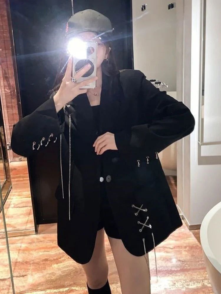 KOSAHIKI Harajuku Women Jackets Black Gothic Punk Hip Hop Solid Vintage Blazer Coats Chic Chain Loose Jacket Streetwear