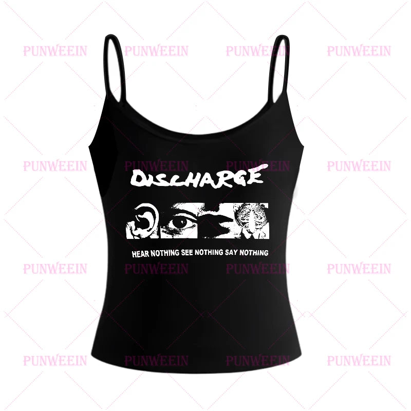 DISCHARGE & CHAOS – Y2K Punk Letter Print Crop Tank for Riot Girls & Emo Icons - Premium Crop Tank from dsers - Just $16.66! Shop now at Lizard Vigilante