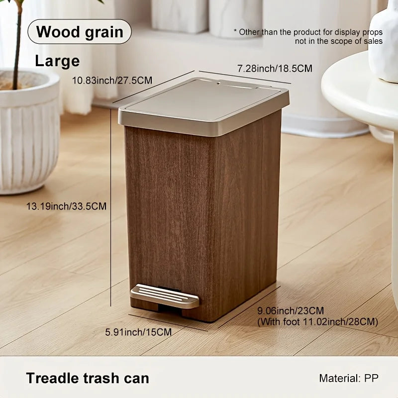 Large Capacity Trash Can,Elegant Wood Grain Design。Durable Plastic,Mute off,Save Space。Suitable for Kitchen、Bathroom、Office、Bedr