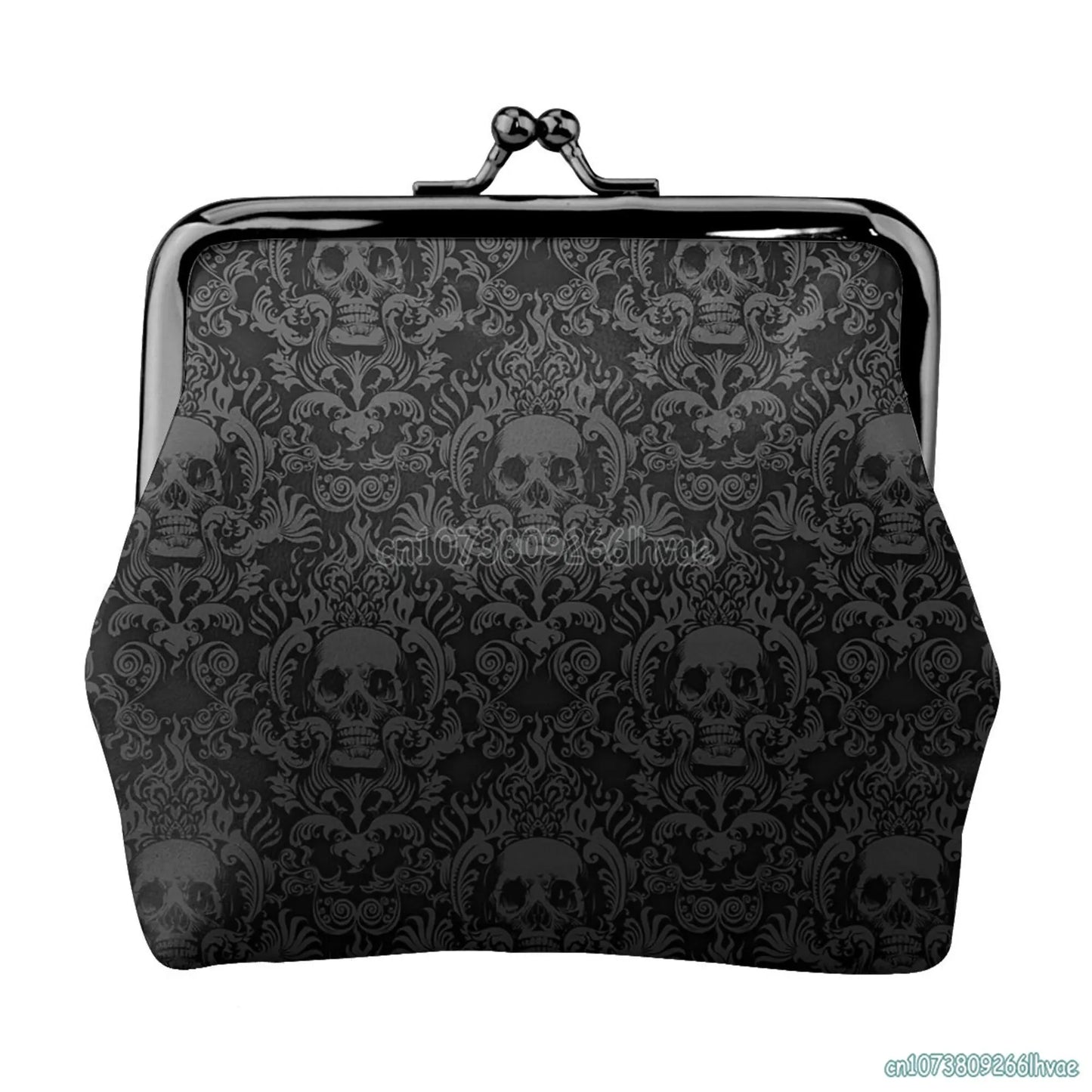 Gothic Black Skull Damask Women Leather Coin Purse Small Change Pouch with Kiss-Lock Clasp Closure Buckle Wallet for Girl Gift - Premium from Lizard Vigilante - Just $26.99! Shop now at Lizard Vigilante