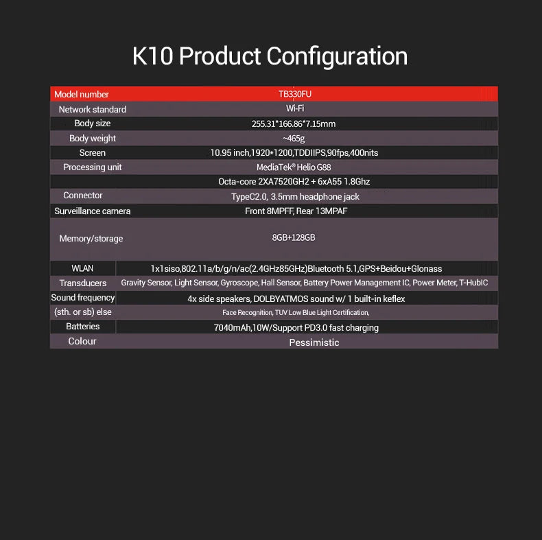 Lenovo Tab K10 M11 TB330FU 6/8+128GB Zhaoyang Tablets K10 MediaTek Helio G88 Global Rom Support OTA 10.95-inch Screen GPS WIFI