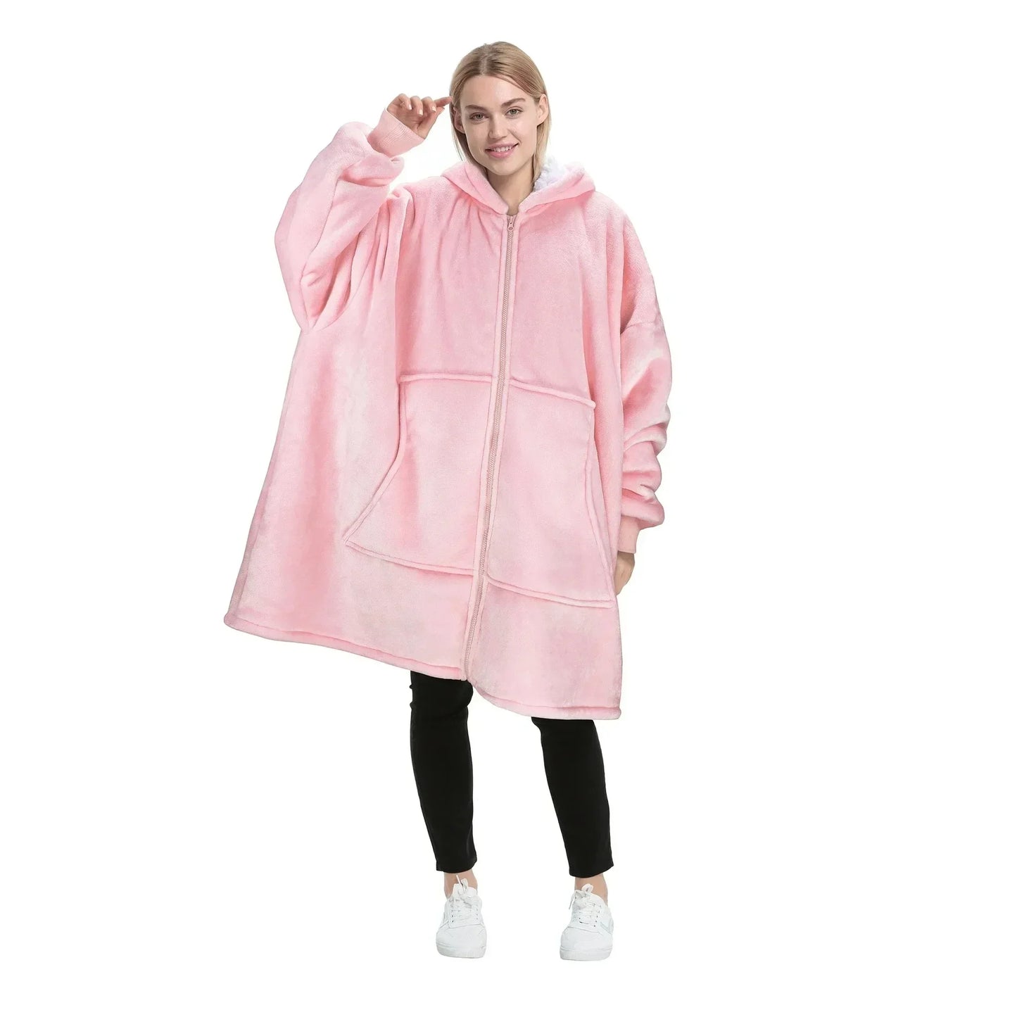 Hoodie Oversized Wearable Blanket Deep Pocket Comfy Sleeves Front Zipper Deluxe Fleece Sweatshirt Blanket Winter Blanket